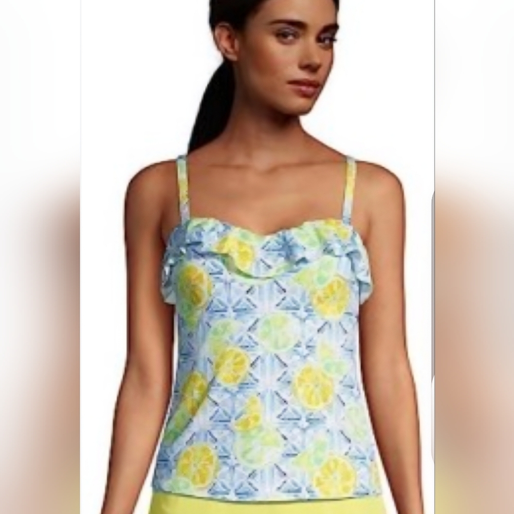 NWOT Lands' End  Lemon Print Ruffle Strap Swim Top Size 6